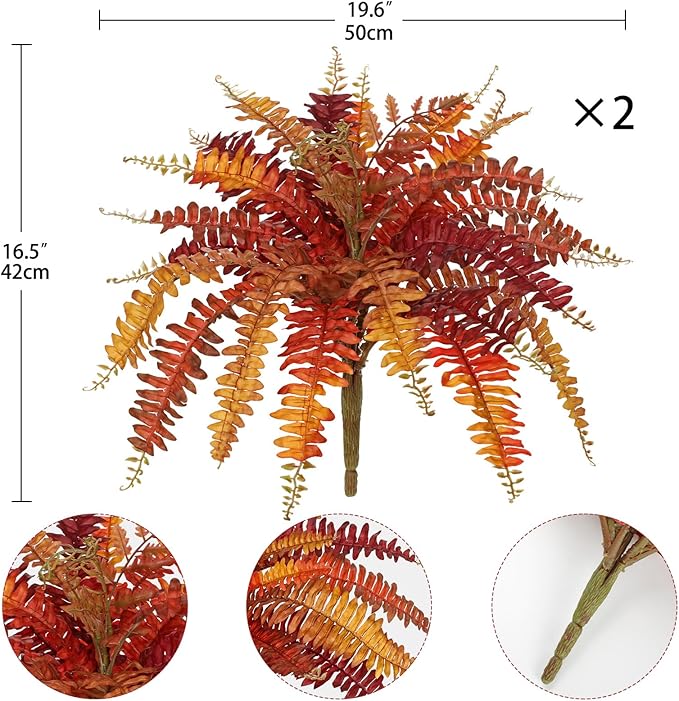 Fall Ferns Artificial Plants 2 Pack Faux Ferns for Outdoor Planter Fake Fall Leaves Stems Artificial Fern Bouquet 2Pack Autumn Shrubs for Table Centerpiece Porch Vase Home Garden Thanksgiving Decor