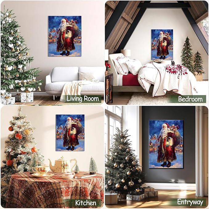 Vintage Santa Claus Delivers Gifts Canvas Wall Art - Rustic Framed Christmas Canvas Prints for Living Room, Cozy Winter Wall Decor, Ideal Christmas Gifts & Festive Decorations