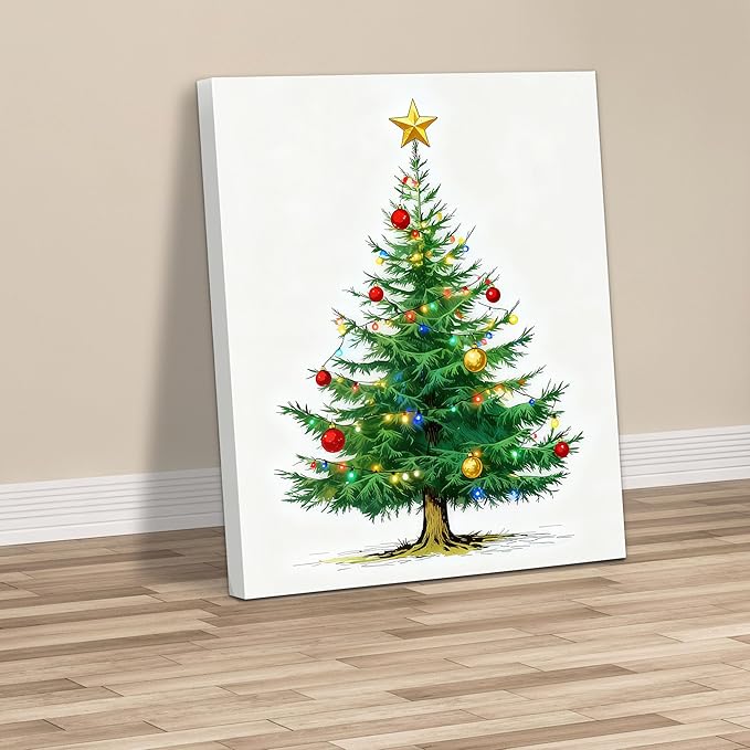Framed Christmas Pictures Wall Decor,Vintage Pine Tree Prints,Winter Christmas Canvas Wall Art Decoration for Bedroom Bathroom Living Room Rustic Xmas Holiday Gifts (Christmas Tree 7, 24'' X 36'')