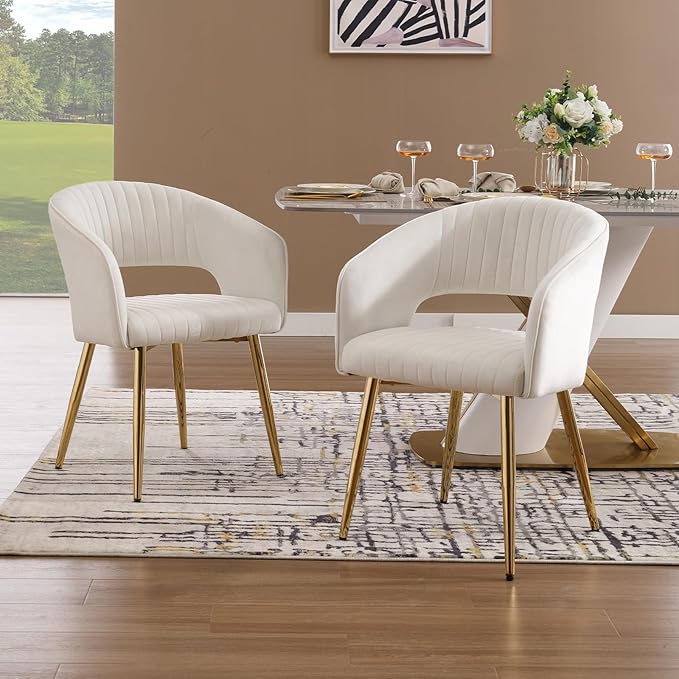Modern Velvet Dining Chairs Set of 4, Upholstered Gold Dining Room Chairs with Hollow Back, Accent Armrest Kitchen Chairs with Gold Legs for Living Room Reception Beige