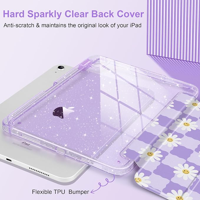 MEEgoodo Case for iPad A16 11th Generation 2025/10th Generation 2022 Glitter Tablet Cases with Transparent Acrylic Back+Trifold Stand +Pencil Holder+Auto Wake/SleepAbstract Sun &amp Palm Tree
