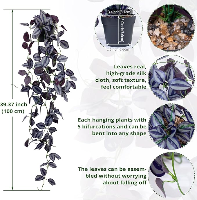 LOYWREE 3Pack Small Fake Hanging Purple Plant Artificial Potted Plants Indoor 39-in Long Faux Dark Black Vine Plant for Shelf Home Office and Outdoor Garden Decor (Black Pot)