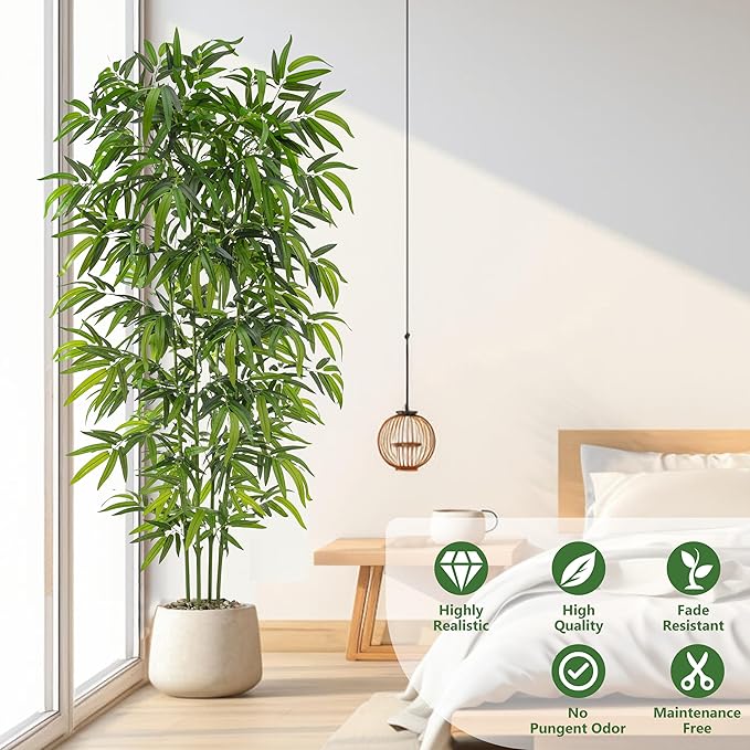 Artificial Tree Fake Plants, Artificial Bamboo Tree 6FT Tall in Black Potted, Artificial Tree Indoor Decor Bamboo Silk Tree with Natural Wood Trunk, for Home Office Living Room Modern