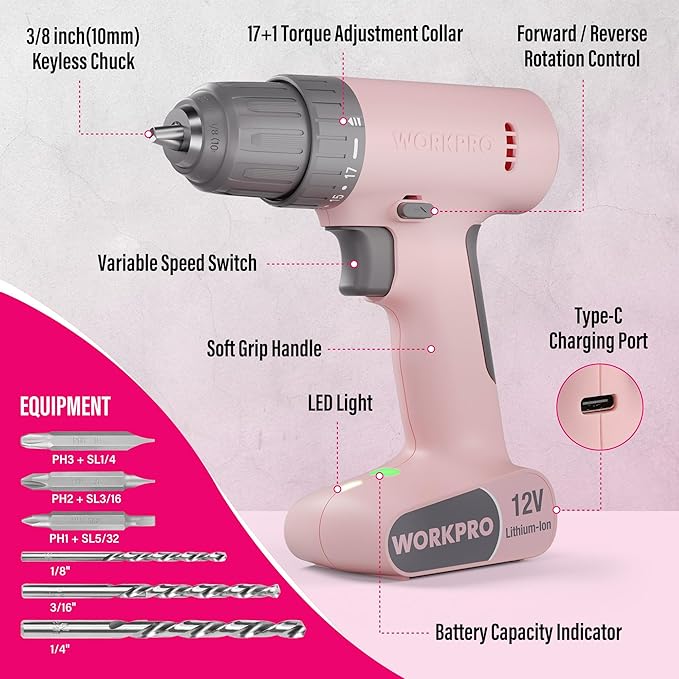 WORKPRO Pink Cordless Drill Driver Set, 12V Electric Power Drill Tool Kit with 6 Pcs Bits, 3/8-Inch Keyless Chuck, Variable Speed, 18 Touque Setting, Type-C Charge Cable, Led Light, Pink Ribbon