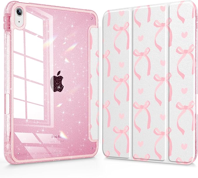 for iPad Air 11 inch M4/M3/M2 (2026/2025/2024) iPad Air 5th/4th Gen (2022/2020) 10.9 inch with Pencil Holder Glitter Clear Pretevtive Cover Auto Wake/Sleep Black Cartoon Stickers