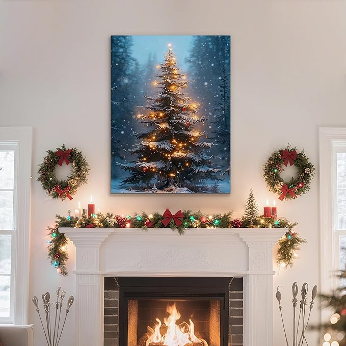 Framed Christmas Pictures Wall Decor,Vintage Pine Tree Prints,Winter Christmas Canvas Wall Art Decoration for Bedroom Bathroom Living Room Rustic Xmas Holiday Gifts (Christmas Tree 3, 12'' X 16'')