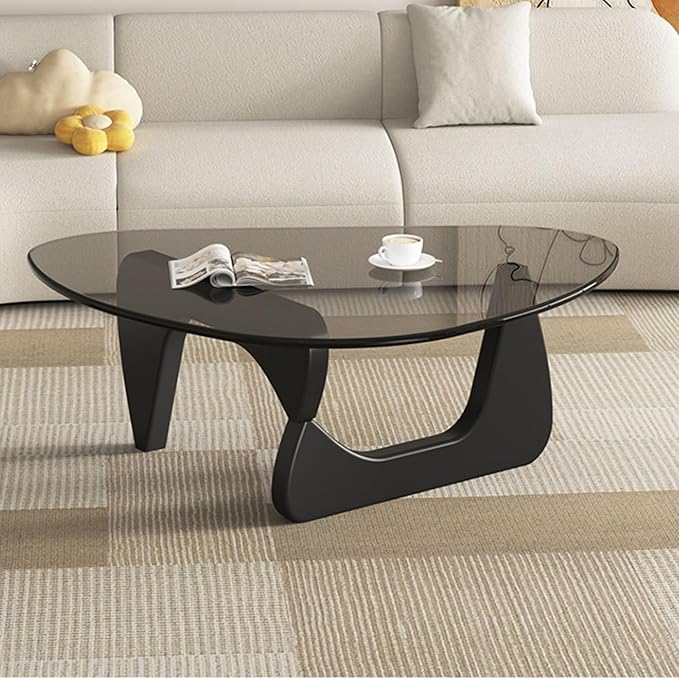 EASYSOUL Modern Glass Coffee Table, 32.68" D x 22.44" W x 15.75" H, Abstract Round Tea Tables for Living Room Home Office Industrial Cocktail Tables (Black-Gray Glass, 32.68")