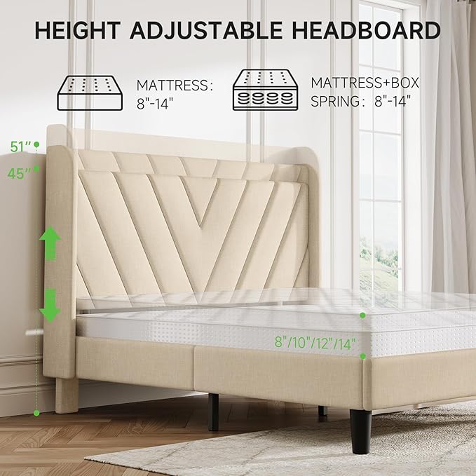 koorlian Full Size Bed Frame, Full Bed Frame with Headboard, Adjustable Upholstered Bed Frame with Type-C&USB Port, Wingback Storage Headboard, Noiseless, No Box Spring Needed, Beige