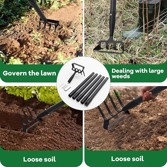 Garden Hoe, 62 Inch Weed Tool, Long Soil Tiller Cultivator, Heavy Duty Metal Stirrup Hoe Weeder Scraper Rake for Flower Beds, Patio, Garden Loosening Soil Weeding Digging