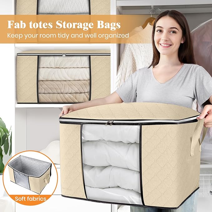 Fab totes 24 Gallons Clothes Storage, Foldable Thick Fabric Blanket Storage Bags, Containers for Organizing Bedroom, Closet, Clothing, Comforter, Organization with Handle (4 Pack,Beige)