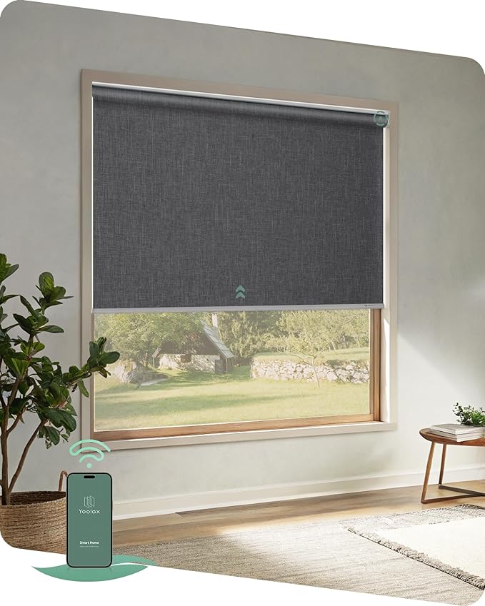 Yoolax Motorized Blinds App Control, Blackout Roller Shades for Windows, Cordless Automatic Shades Roller Window Blinds for Bedroom Living Room Office (Blackout Ashfall Gray, 35" W x 72" H)