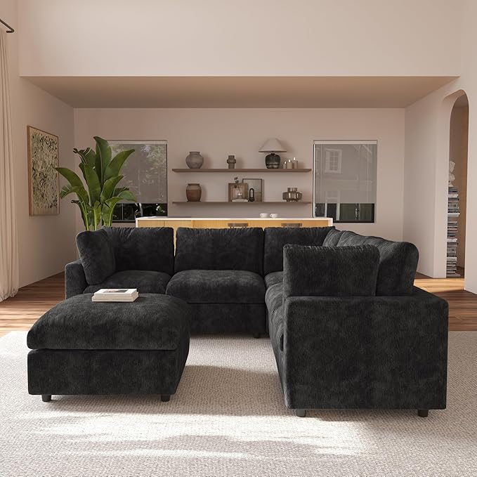 JACH V Shape Sectional Couches with Chaise Ottoman, Convertible Modular Sofa, Cloud Sectional Couch, Sofa Covers Washable, Minimalist Couch for Living Room, Apartment, Black
