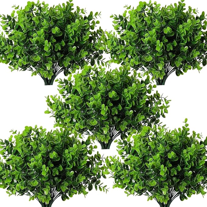 RECUTMS 12 Bundles Artificial Bushes Greenery Plants Stems Faux Shrubs Boxwood Plants Outdoor UV Resistant Fake Eucalyptus for Farmhouse Home Office Wedding Patio Backyard Indoor Outdoor Decor(Green)