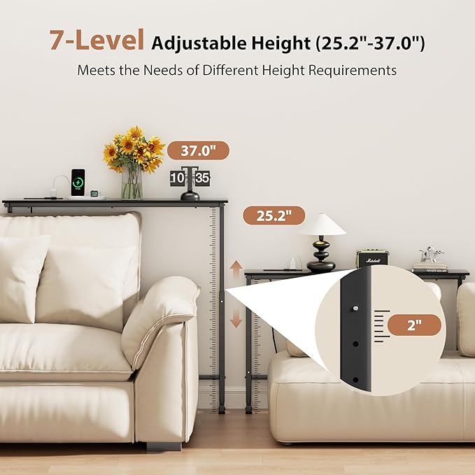 GRLEAF 2 Pack Adjustable Height Narrow Console Table with Power Outlets, 78.7" Long Sofa Table with Charging Station Behind Couch Table Skinny Entryway Table for Living Room and Hallway – Black
