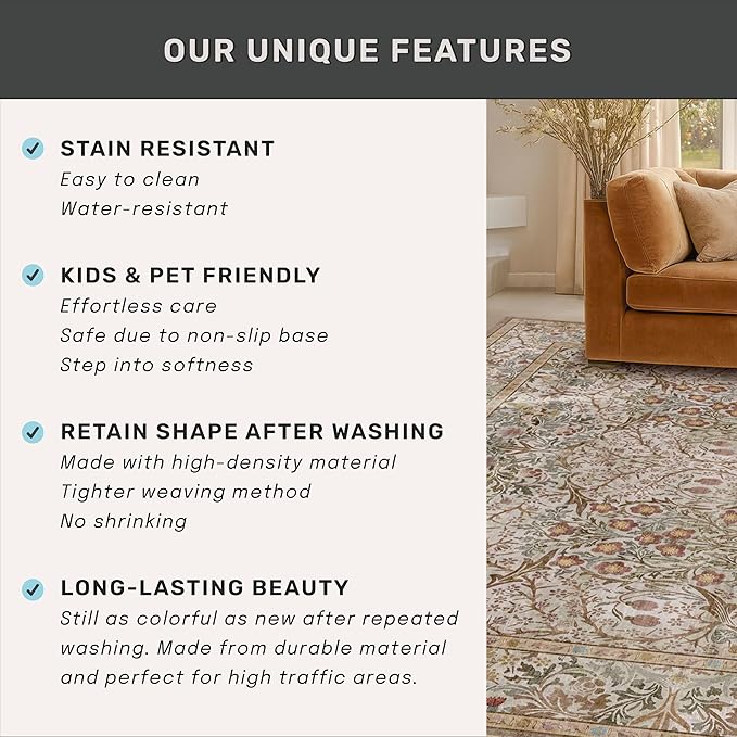 Moss Green 3x8 Oriental Runner Rugs for Hallway, Kitchen, Entryway Indoor - Non-Slip & Low Pile, Geometric Floral Stain Resistant Carpet, Vintage Neutral Home Décor