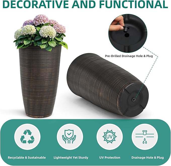 23.5" H Tall Planters, 2-Pack Taper Large Flower Pots for Indoor Outdoor Use, UV-Protect PP Plant Container for Garden Patio Yard Balcony Porch or Home Decor, Bronze Vertical Stripes Texture