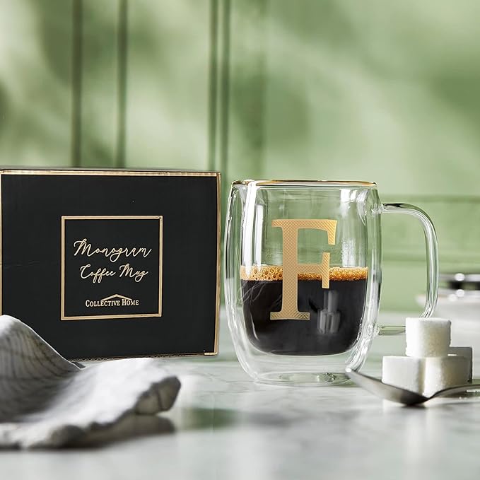 COLLECTIVE HOME - Double Walled Glass Coffee Mugs, Insulated Coffee Mug with Handle, Personalized Gifts for Women, Men, Christmas, 14 oz Monogram Cups (F)