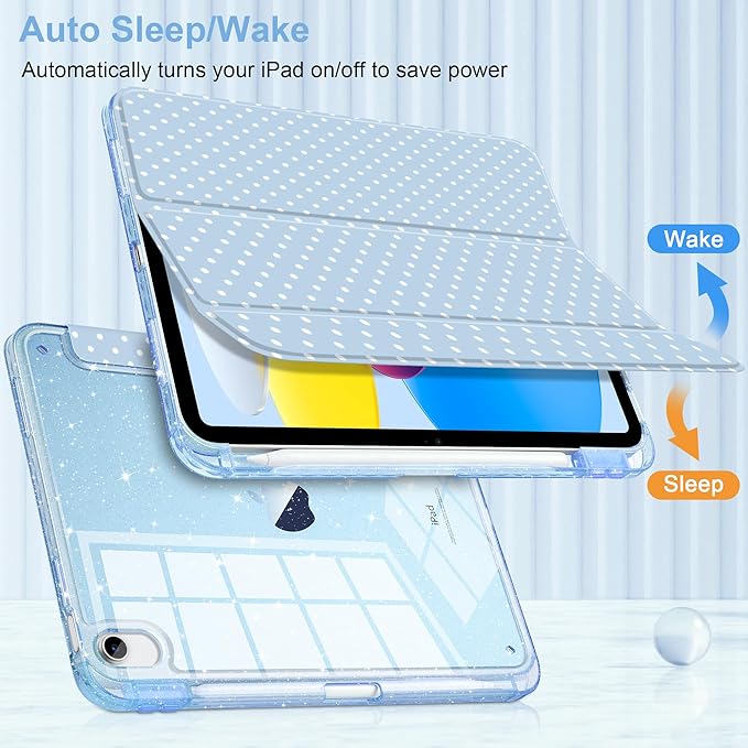 MEEgoodo Case for iPad A16 11th Generation 2025/10th Generation 2022 Glitter Tablet Cases with Transparent Acrylic Back+Trifold Stand +Pencil Holder+Auto Wake/SleepAbstract Sun &amp Palm Tree
