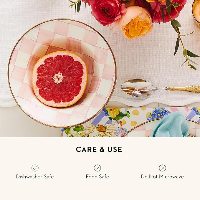 MACKENZIE-CHILDS Enamel Breakfast Bowl, Unique Soup Bowl or Cereal Bowl, Dinnerware, Pink-and-White Rosy Check, Set of 1