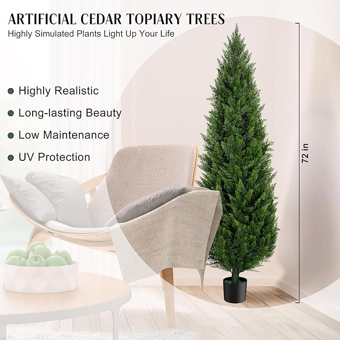6FT Artificial Cedar Topiary Trees Set of 2，72 Inch Tall UV Protection Fake Cypress Trees for Outdoors, Realistic Potted Pine Plants for Patio, Porch, Home, Doorway Decor