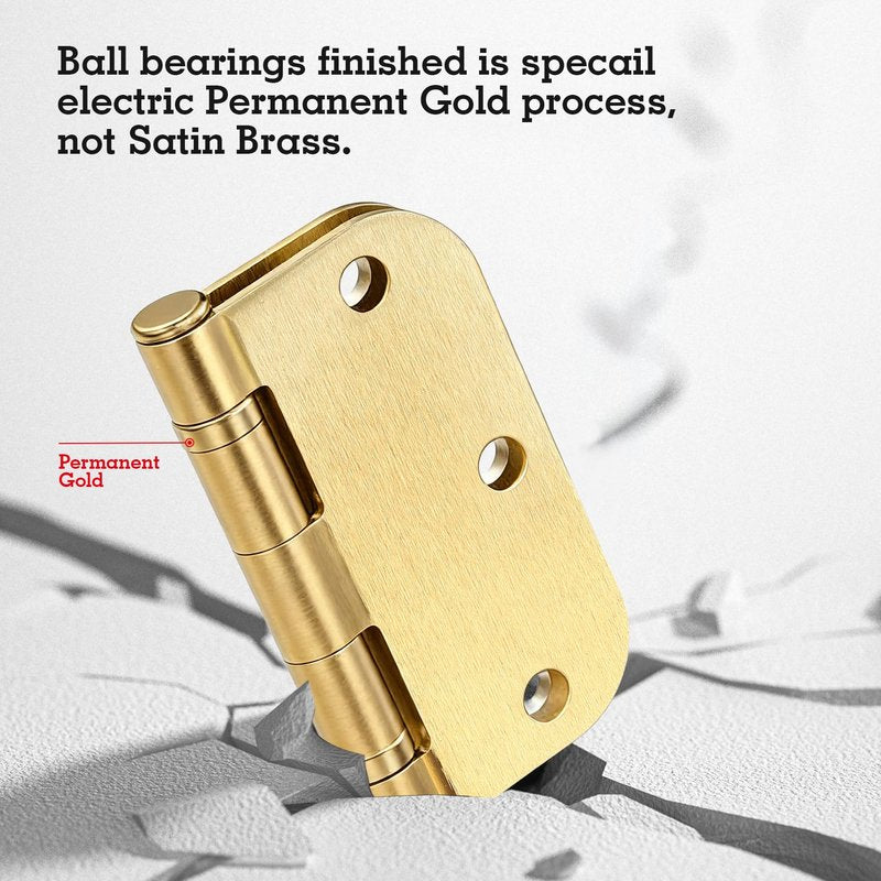 Door Hinges Brushed Brass 18 Pack 3.5 Inch Rounded Integral Ball Bearing Door Hardware 3 1/2 Lasting Mute Interior Hinge for Closet Dining/Den/Game/Recreation Room Kitchen Master Bedroom Loft