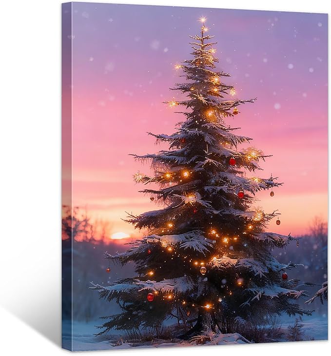 Framed Christmas Pictures Wall Decor,Vintage Pine Tree Prints,Winter Christmas Canvas Wall Art Decoration for Bedroom Bathroom Living Room Rustic Xmas Holiday Gifts (Christmas Tree 10, 12'' X 16'')