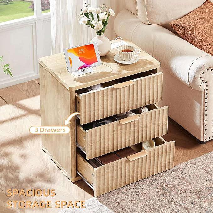 LEYAOYAO Fluted Nightstand with Charging Station, 23" Modern Night Stand with Woodgrain Top, 3 Drawers End Table w/Storage, Bedside Tables for Bedroom, Living Room, Curved Profile Design,Wood