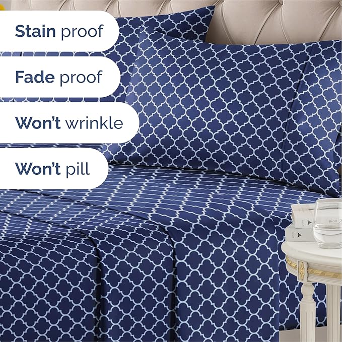 Blue Geometric Bed Sheets - 1 Flat & 1 Fitted Sheet & 2 Pillowcases w/ Deep Pockets – Wrinkle & Fade Free- Ultra-Soft, Breathable & Cooling - Luxury Moroccan Bed Set – Cal King Size - Navy Quatrefoil
