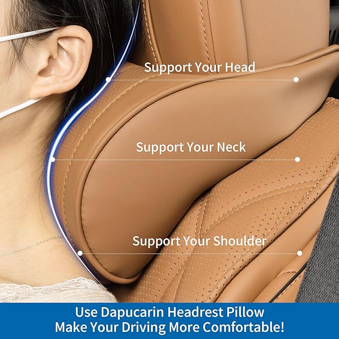 Car Headrest Memory Foam Neck Pillow for Driving with Leather Cover Soft Comfortable Seat Head Pillow Cushion for Most Cars SUV Sedan Home Office Palomino Brown (1PC)
