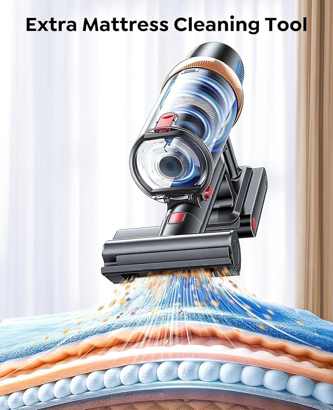 Cordless Vacuum Cleaner, 600W 50KPA 65Mins Vacuum Cleaners for Home, Upgraded Stick Vacuum with Extra Mattress Cleaning Tool, Self-Standing, Anti-Tangled Vacuum Cordless for Pet Hair/Floors/Carpets