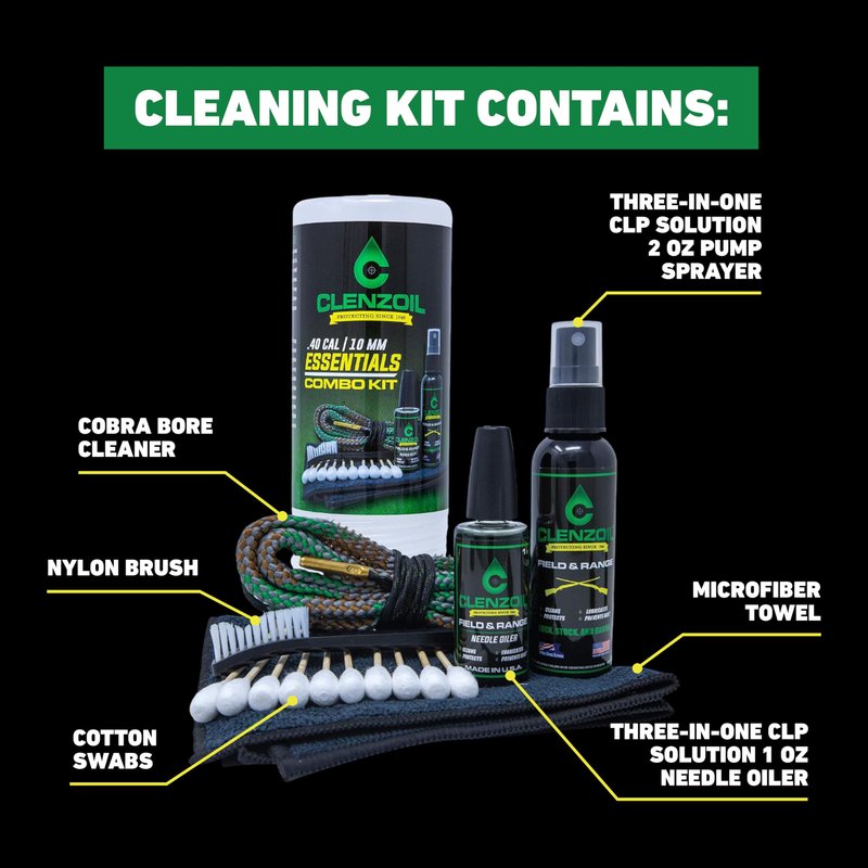CLENZOIL Field & Range Pistol & Rifle Essentials Gun Cleaning Kit | CLP Spray & Oiler with Bore Cleaner | Clean, Lubricate & Protect | Nylon Brush, Bore Swabs & Microfiber (40 Caliber | 10mm)