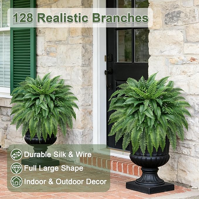 ALAGIRLS UV-Resistant Fake Boston Fern Bush with 128 Branches, 51" Large Faux Ferns for Outdoors, Artificial Fern Plants for Front Door Office & Living Room Decor（Pot is not Included）