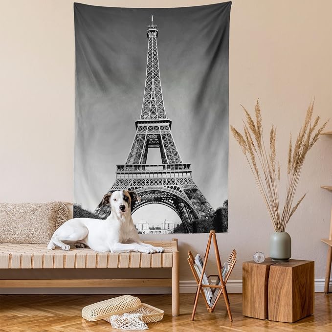 Ambesonne Eiffel Tower Tapestry, Paris Landmark Monochrome Picture of Cityscape European Urban Famous Place Image, Fabric Wall Hanging Decor for Bedroom Living Room Dorm, 30" X 45", Grey