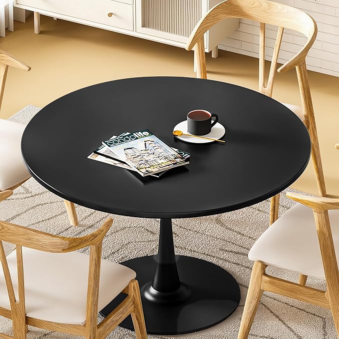 DKLGG Black Round Dining Table, 39.1" Tulip Kitchen Dining Table for 4-5 People with MDF Top & Pedestal Base, Mid-Century End Leisure Coffee Office Living Room Table