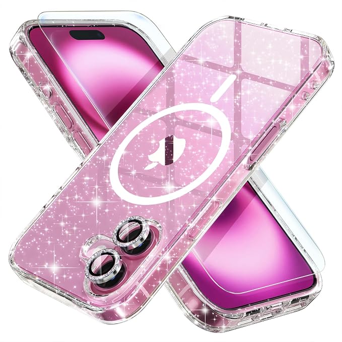 Choiche for iPhone 15 Pro Max Case Compatible with MagSafe Glitter Black | Women Girly Cute Glitter Sparkly Magnetic Phone Case with Diamond Camera Lens Protectors Military-Grade Drop Protection 6.7