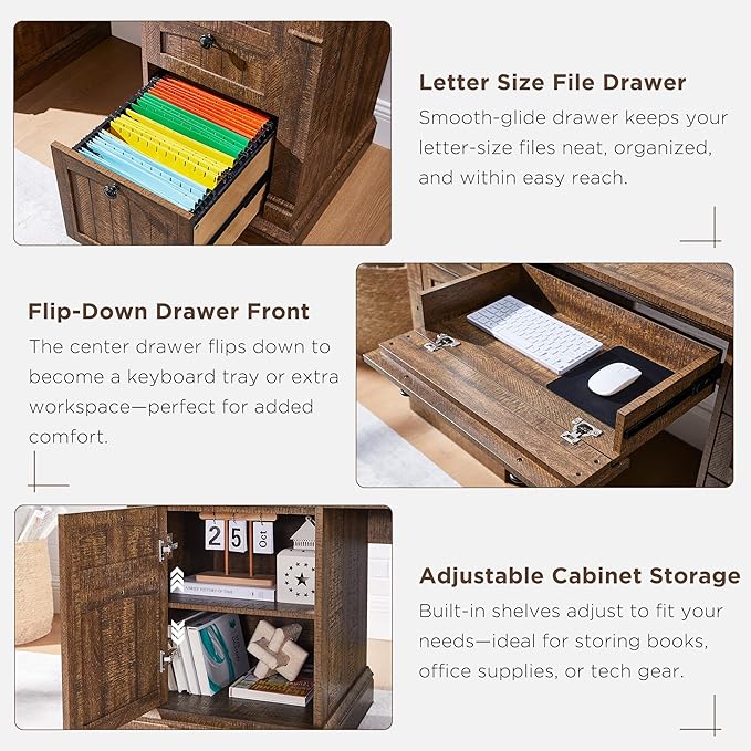 OKD 60" Executive Desk with Hutch and Drawers, Farmhouse Home Office Desk with Charging Station, Keyboard Tray, File Cabinet Storage, Wood Computer Desk for Work and Study, Reclaimed Barnwood