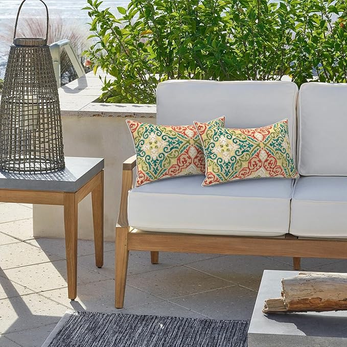 LVTXIII Outdoor Lumbar Pillow Covers 12"x20", Covers ONLY, 2 Pack 30x50cm Lumbar Cushion Cover with White Piping for Home Patio Garden Sofa Bench, Geometric Orange