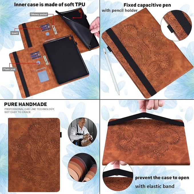 for Kindle Fire HD 8 Tablet (only Fits 10th Generation) &amp Fire HD 8 Plus 8 Case 2020 with Stand/Pencil Holder/Card Pocket/Elastic Band Embossed PU Leather Floral Cover Brown Peacock Flower