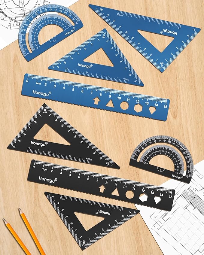Honagu Triangular Ruler Set, 2 Set/8 Pieces Aluminum Alloy Ruler, Metal Drafting Ruler, Geometric Protractor for Students, Draftsmen, Engineers, School Office Supplies(15cm/5.9inches, Deep blue+Black)
