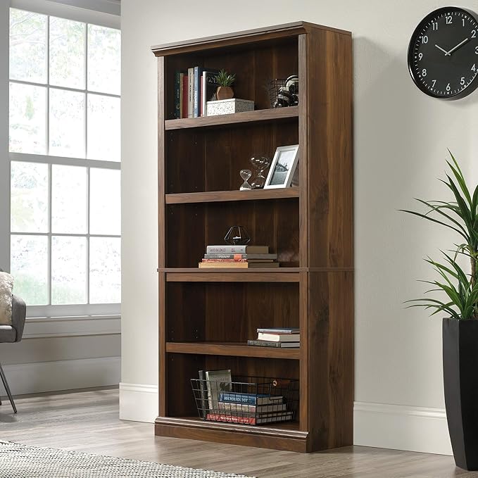 Sauder 5 Tier Book Shelf Wooden Bookcase Multipurpose Bookshelf for Home Office, Living Room, in Grand Walnut