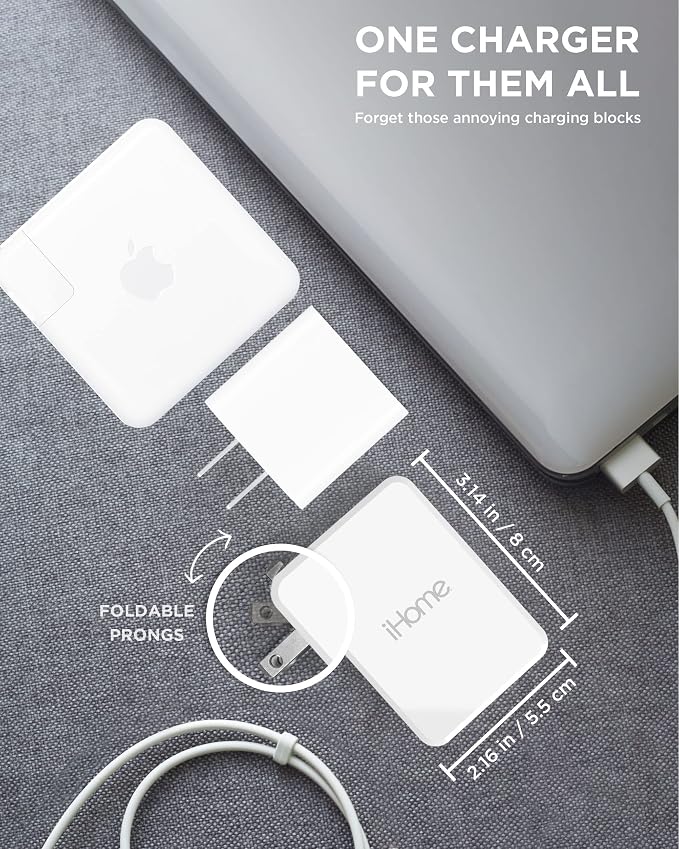 iHome 65W USB C Charger Block GaN Fast Charging with Dual Ports (USB-C PD &amp USB-A) Compact Universal Laptop Charger Foldable Plug [Video Game]
