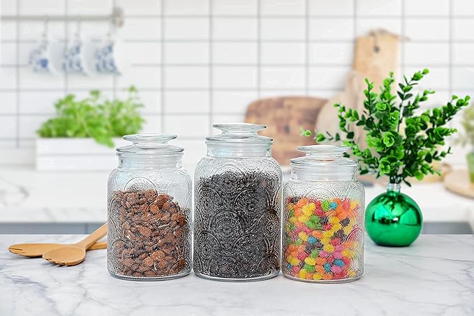 Le'raze Food Storage Containers with Airtight Lids - Retro Design - Pantry Organization, Glass Canisters Storage for Cookies, Tea, Sugar, Candy Jars, Sugar Packet, Set of 3