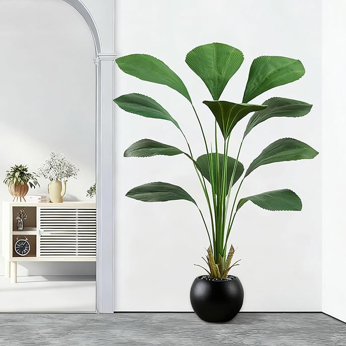 Artificial Sumatra Palm Tree: 5FT Fake Licuala Fan Palm Tree Faux Tropical Plant Realistic Tall Floor Plant in Black Egg-Shaped Pot for Home Living Room Office Decor Patio Hotel Indoor Outdoor