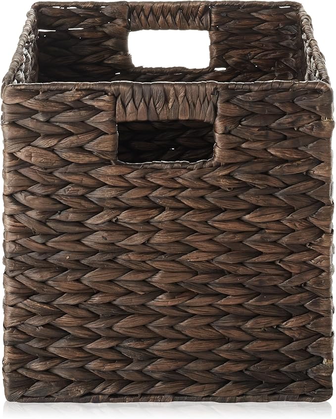Casafield 10.5" x 10.5" Water Hyacinth Storage Baskets, Espresso - Set of 4 Collapsible Cube Organizers, Woven Bins for Bathroom, Bedroom, Laundry, Pantry, Shelves
