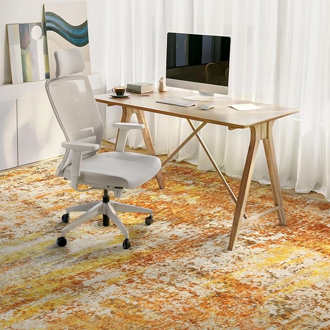 Washable Area Rugs for Living Room - 6x9 Abstract Modern Rug Neutral Soft Rug Stain Resistant Non-Shedding No Slip Low Pile Large Carpet for Bedroom Dining Room Nursery Home Office - Orange/Gold