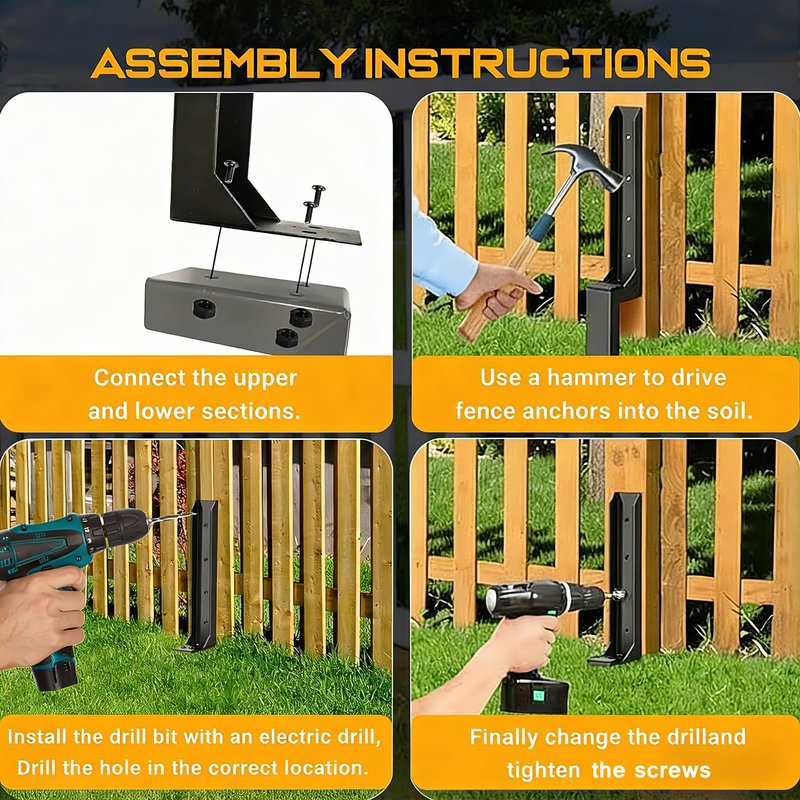 4PCS Fence Post Repair Kit, Heavy Duty Fence Post Anchor Quick Fix for Broken/Leaning Wooden Fence, Easy to Install, Black