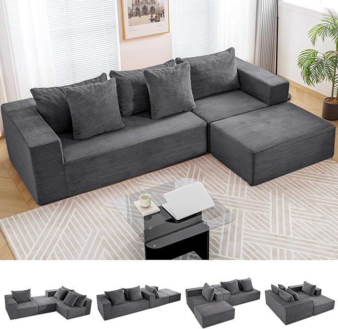 INGEROOM 108" Cloud Sectional Couch with L-Shape Chaise, Modular Sofa Memory Foam, 3 Module Boneless Sofa with Movable Ottoman, Upholstered Couches for Living Room, No Assembly Required, Dark Gray