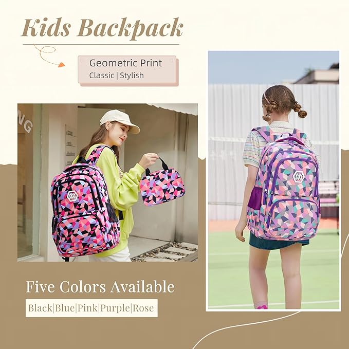 3Pcs Geometric Print Kids Backpack Set for Girls with Lunchbox, Capacity Elementary Middle School Bag Girls Backpack and Lunchbox Set