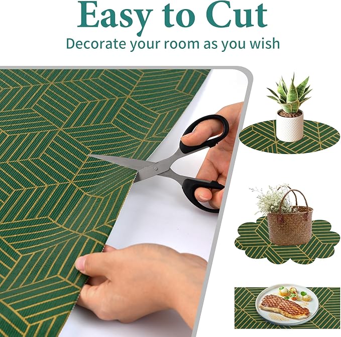 Shelf Liners for Kitchen Cabinets 17.5in x 20FT, Non Adhesive Cabinet Liner Strong Non-Slip Thickened Gold Green Geometric Drawer Liner, Easy to Clean for Shelf, Cabinet with Knife and Tape Measure