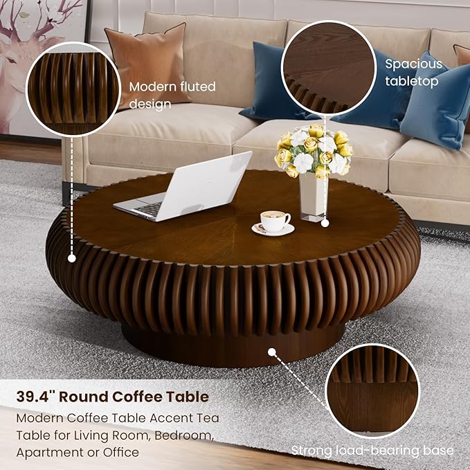Round Drum Coffee Table for Living Room, Mid Century Modern Coffee Table with Sturdy Pedestal, Farmhouse Fluted Circle Center Table Accent Tea Table for Apartment (Large Walnut)
